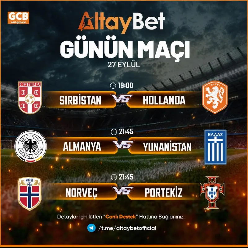 ⚽️ Kazancın Adresi Altaybet'te Günün Maçları! ⚽ 21:45 SIRBİSTAN 🆚 HOLLANDA ⚽ 21:45…