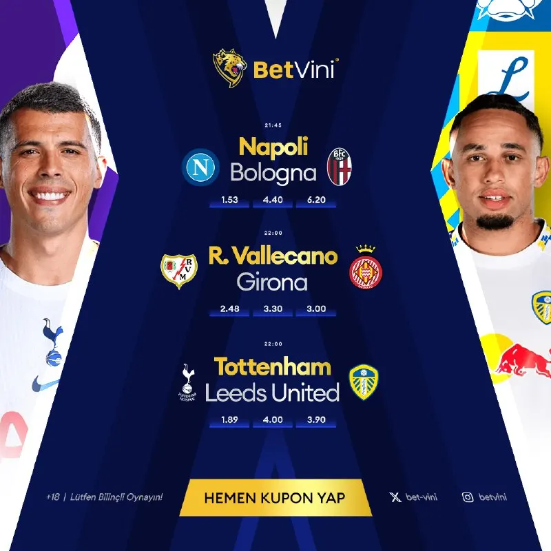⚽🔥 Günün dev maçları BetVini’de seni bekliyor! 🎯 Oranları yakala, kuponunu şimdi oluştur!…