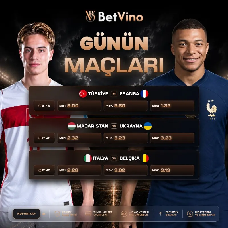 🦾 BetVino’da günün kazandıran maçları! 🔥 Yüksek oranlarla heyecan seninle. 😀 Kuponunu…