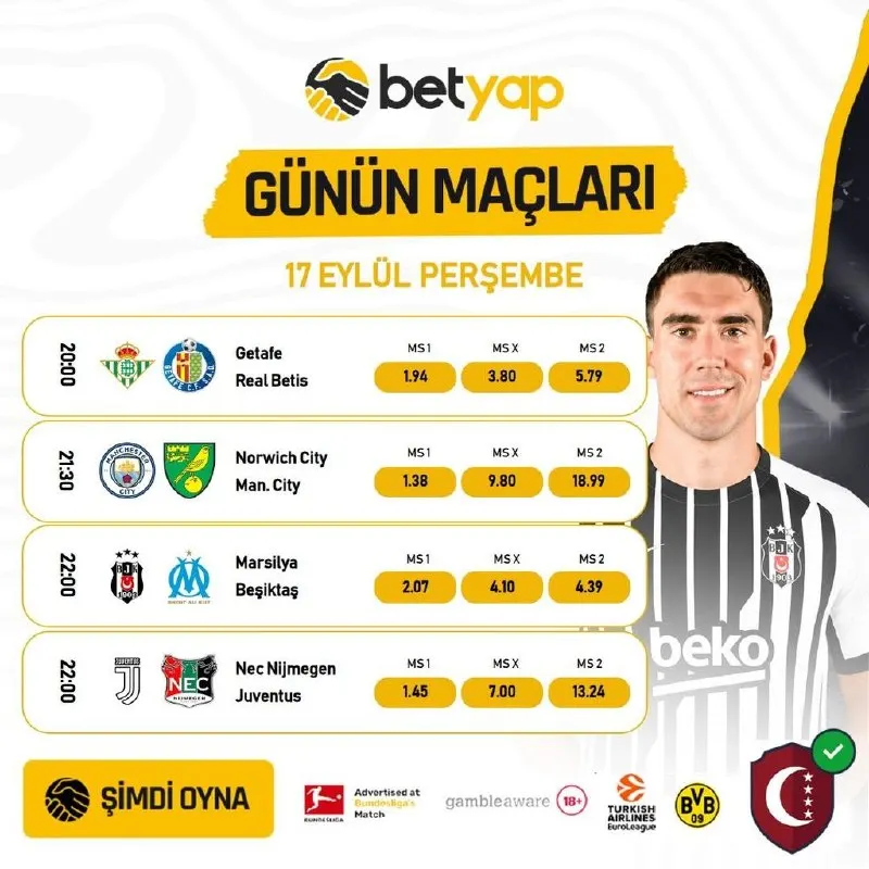 🎯 BETYAP'TA PERŞEMBE GÜNÜ FUTBOL HEYECANI HIZ KESMİYOR! 🎯 📅 17 EYLÜL PERŞEMBE günü…