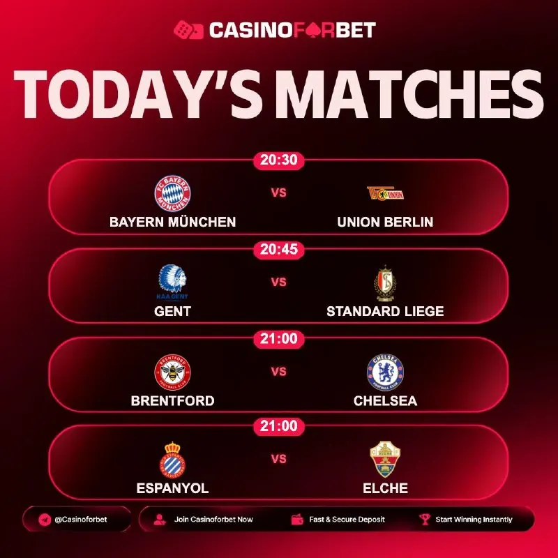 ⚽️ Matches of the Day on Casinoforbet! 🗓 18.09.2026 ⏰ 20:30 | B. MÜNCHEN 🎲 UNION BERLIN ⏰…