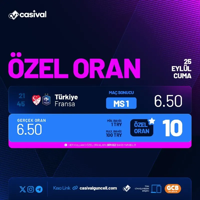 MİLLİ MAÇA ÖZEL ORAN AKTİF! 🐈‍⬛ GÜNÜN MAÇI, CASIVAL'DE DEV ORANLA ! 🐝 Maç Heyecanını…
