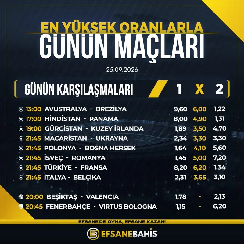 🔥 EFSANE ORANLARLA GÜNÜN MAÇLARI! 🔥 🔥 EfsaneBahis’te günün fırsatlarını yakala, kuponunu…