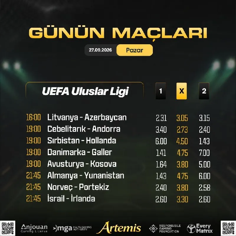 🤩GÜNÜN MAÇLARI SAHNEDE! 💰Kazananlar bugün Artemis ile oynuyor. 💛Sen de tarafını seç…