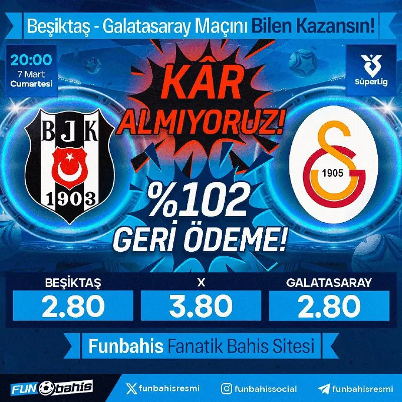 🔥 ÖZEL ORAN 🔥 Beşiktaş 2.80 - 2.80 Galatasaray En yüksek oranlar Funbahis’te! Kar…
