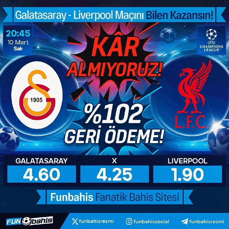 🔥 ÖZEL ORAN 🔥 Galatasaray 4.60 - 1.90 Liverpool En yüksek oranlar Funbahis’te! Kar…
