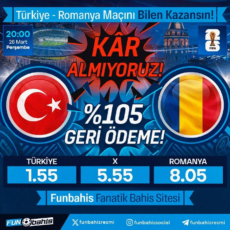🔥 ÖZEL ORAN 🔥 🇹🇷 Türkiye 1.55 - 8.05 Romanya 🇷🇴 En yüksek oranlar Funbahis’te! Kar…