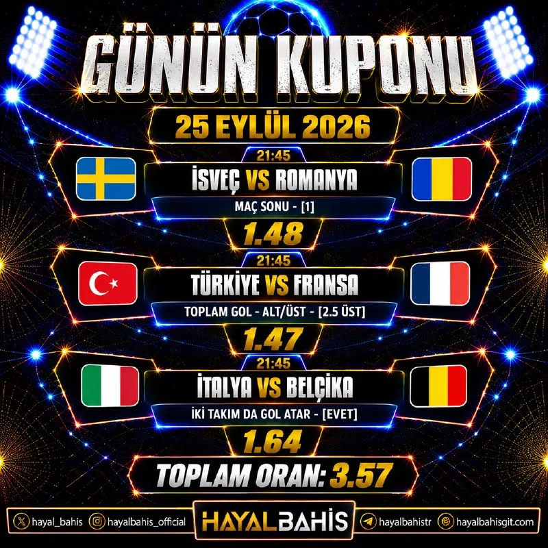 ⚡️ Tek Kuponla Hayalini Gerçekleştir! Bugünün en çok oynanan maçları ve iddialı oranlar…