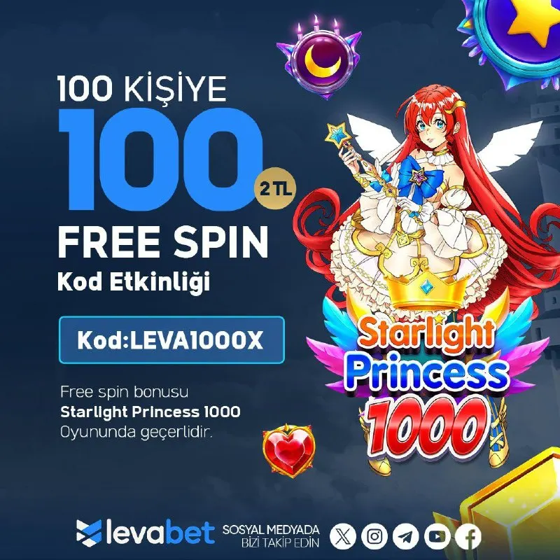 7️⃣ 100 KİŞİYE 100 FREE SPIN! 🎁 Kodunu kullan: LEVA1000X ✨ Starlight Princess 1000 seni…