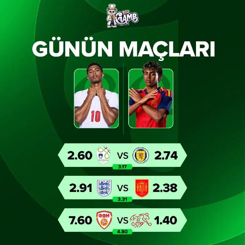 🏆 Daha yüksek oran, daha büyük kazanç MrGamb'te 🏆 ⚽️ Slovenya 🆚 İskoçya ⚽️ İngiltere 🆚…