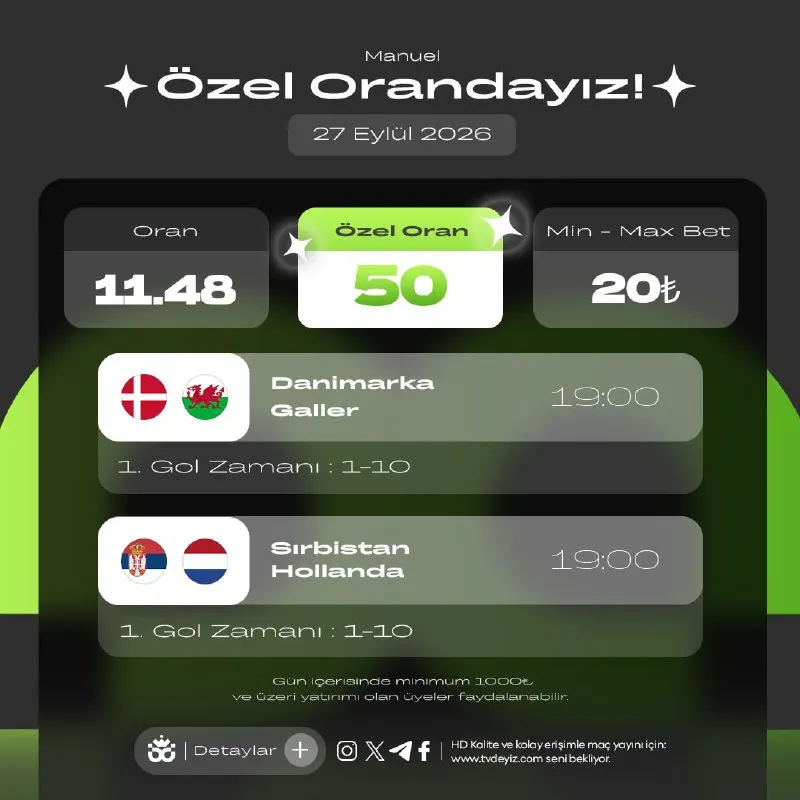 💚 BAHİSDEYİZ ÖZEL ORAN 🇩🇰 DANİMARKA 🥑GALLER 🏴󠁧󠁢󠁷󠁬󠁳󠁿 ✍️ 1. Gol Zamanı : 1-10 🇷🇸 SIRBİSTAN…