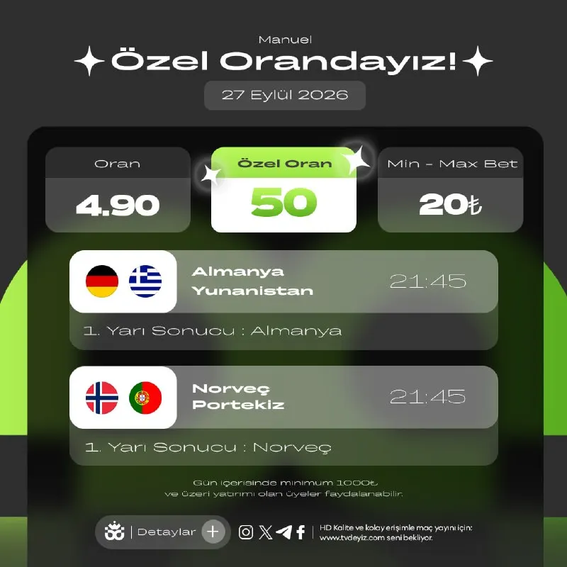💚 BAHİSDEYİZ ÖZEL ORAN 🇩🇪 Almanya vs. Yunanistan 🇬🇷 ✍️ 1. Yarı Sonucu : Almanya 🇳🇴 Norveç…