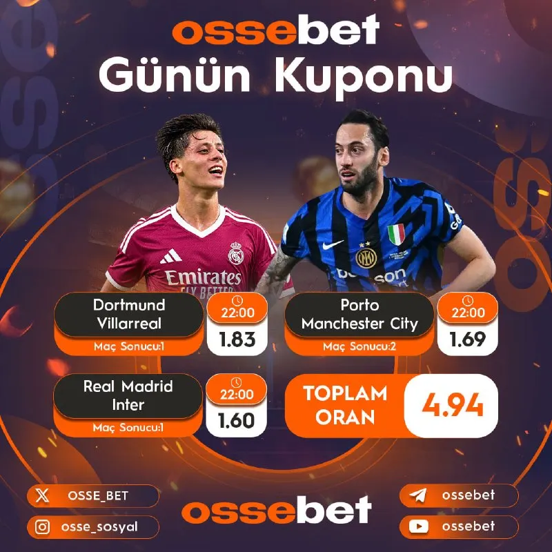 🏆 Ossebet Günün Kuponu ⏱22.00 🇩🇪 Dortmund 🇪🇺 Villarreal 🇪🇸 ⏱22.00 🇵🇹 Porto 🇪🇺 Man. City 🏴…