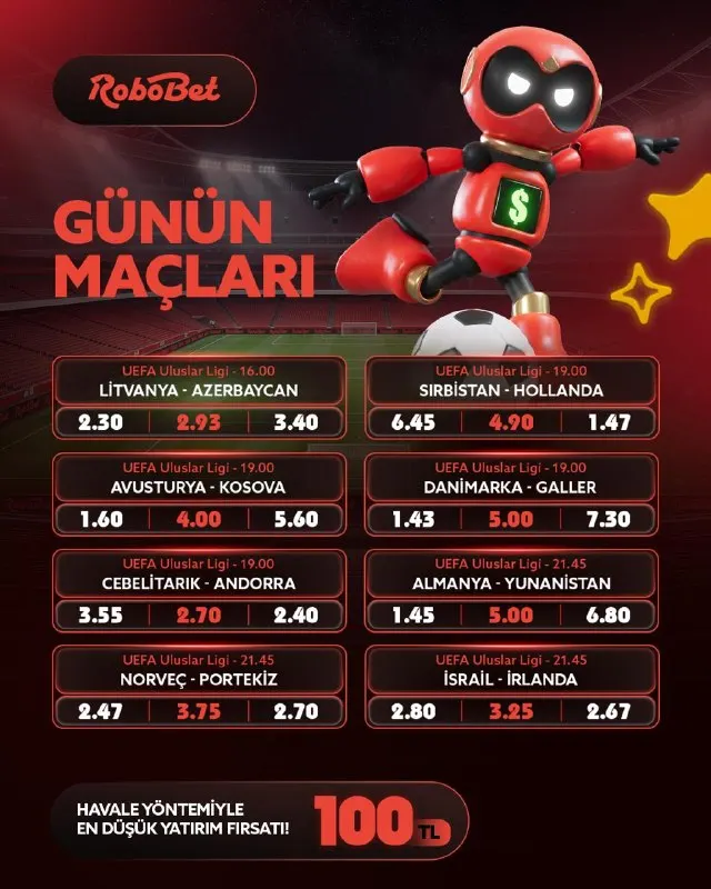 ❗️ GÜNÜN MAÇLARINDA KAZANCINI KATLAYACAK ORANLAR ROBOBET'TE SENİ BEKLİYOR! ❗️ 📱 Süper…