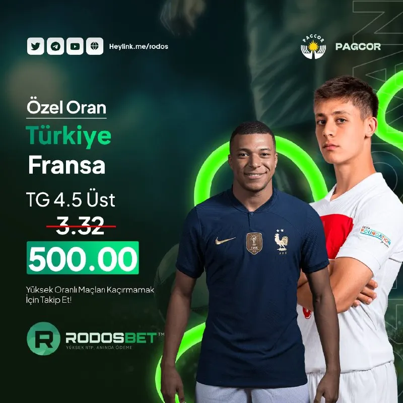 🚨RODOSBET ÖZEL ORAN! 🚨 ⚽️ TG 4.5 ÜST ❌Normal Oran: 3.32 ✅Rodos’a Özel Oran: 500.00 ❕Özel…