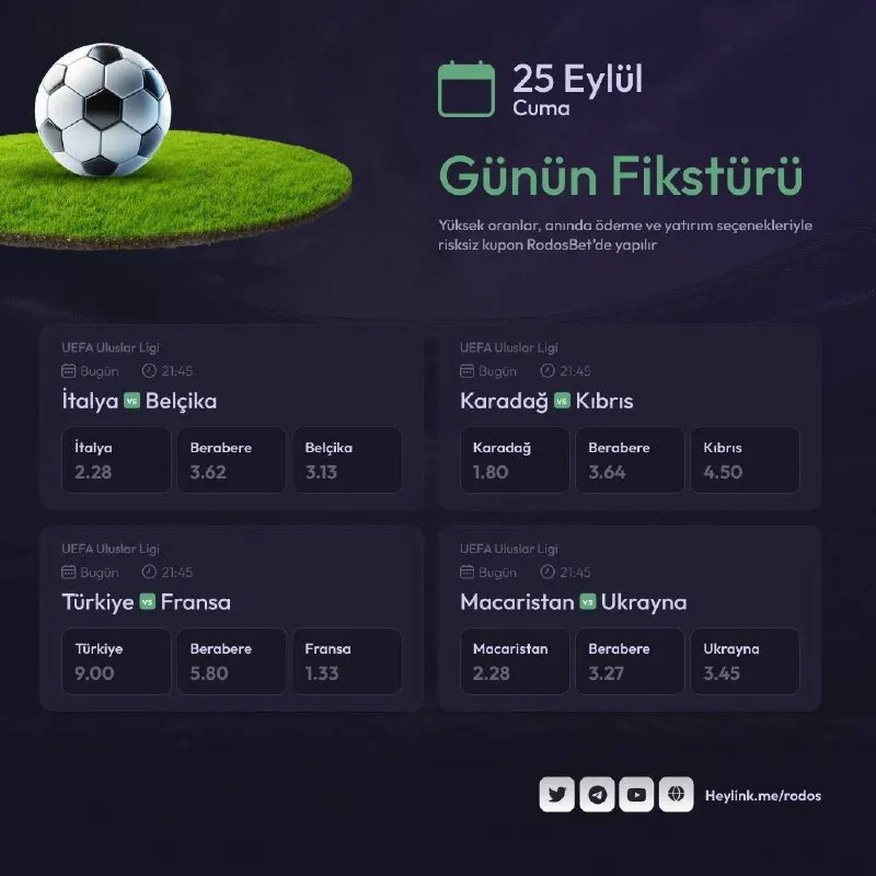 Günün maçları ile sende kazanmaya Rodosbet’te hazır mısın ? ⏰ 21:45 İTALYA 🔤🔤 BELÇİKA ⏰…