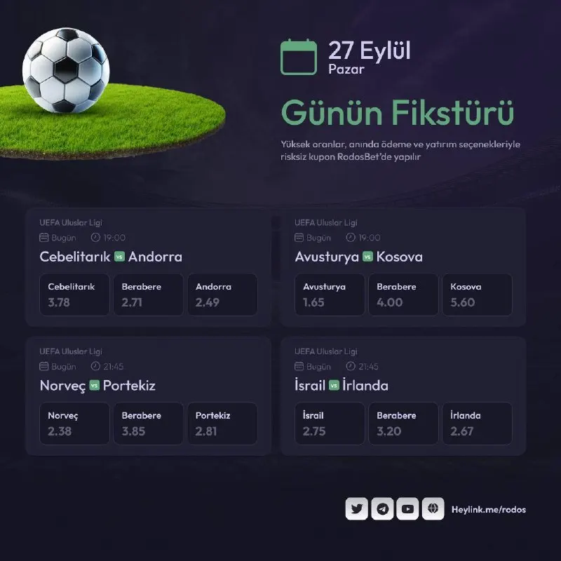Günün maçları ile sende kazanmaya Rodosbet’te hazır mısın ? ⏰ 19:00 CEBELİTARIK 🔤🔤…