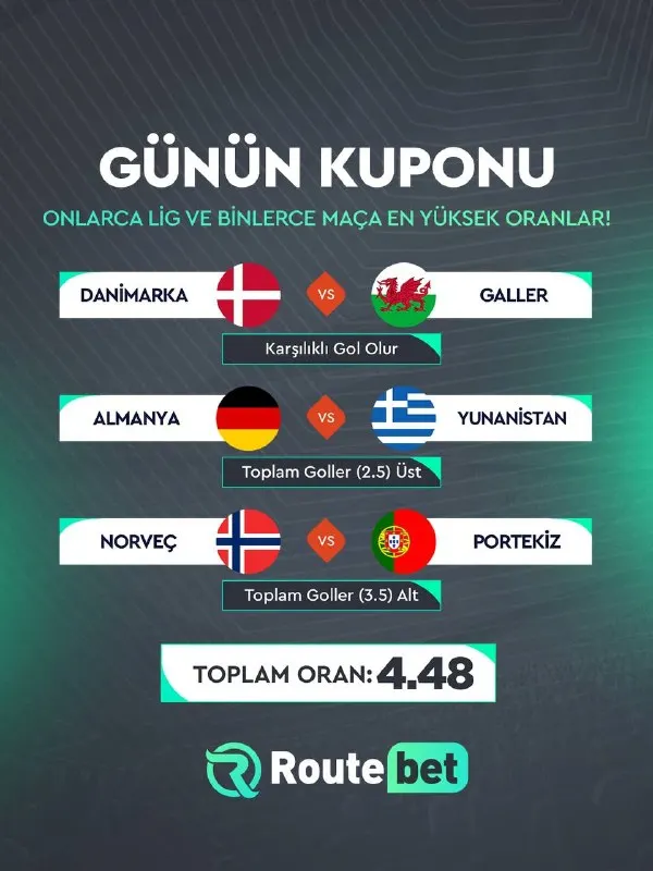 ⚽️ Günün kuponu Routebet’te! Birbirinden özel maçlar ve futbol heyecanı devam ediyor! 🔗…
