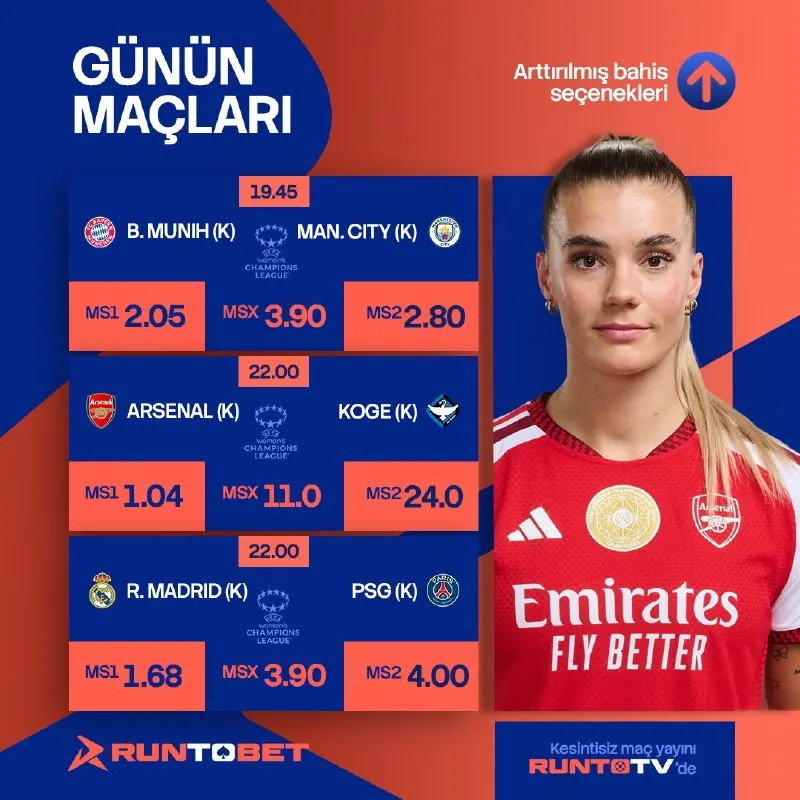 🔥 GÜNÜN MAÇLARI 🔥 ⚽️ 19:45 | B.MUNIH (K) 🆚 MAN.CITY (K) ⚽️ 22:00 |ARSENAL (K) 🆚 KOGE (K)…