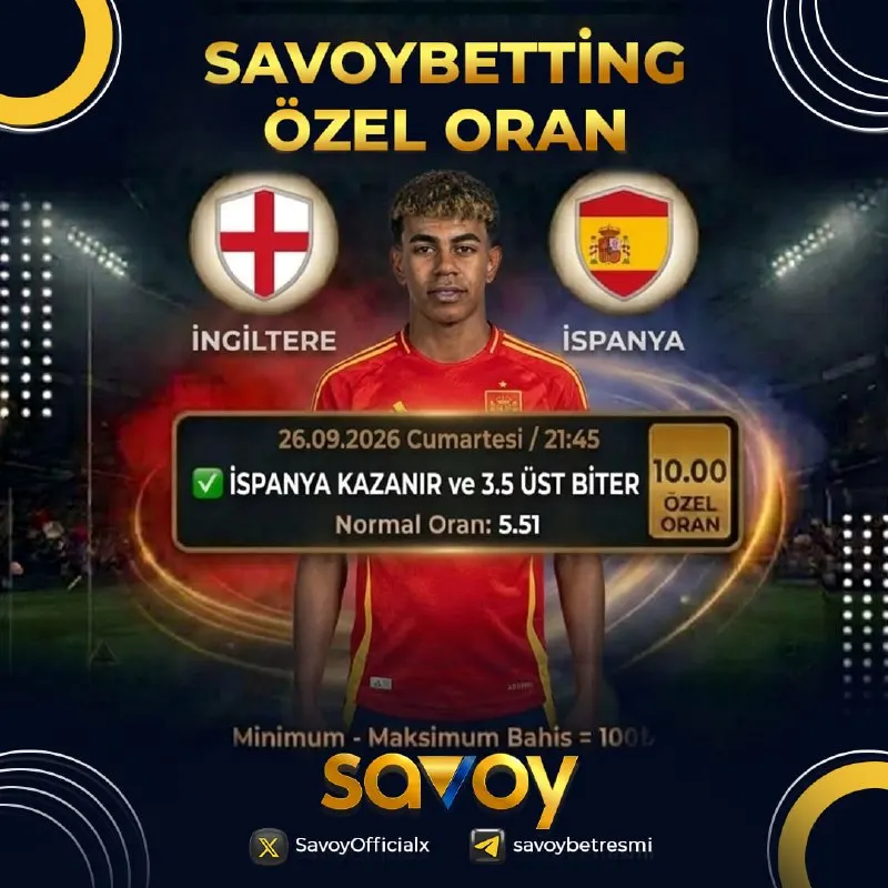 💣SAVOY'da ÖZEL ORAN AKTİF 💣 ✅İspanya kazanır ve 3,5 Üst Biter ❎ Normal Oran : 5.51 💣ÖZEL…