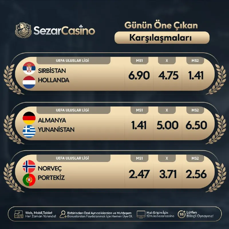 👑 Günün dikkat çeken maçlarıyla heyecan Sezar Casino’da yükseliyor! 👑 ⚽️ Kombine Kuponuna…