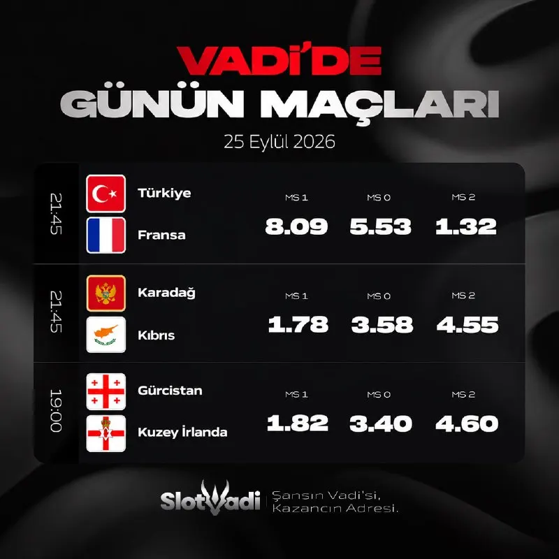 SLOT VADİ GÜNÜN MAÇLARI 🏆 ⚡️⚡️⚡️⚡️⚡️ ⚫️ Türkiye 🤩 Fransa ⚫️ Karadağ 🤩 Kıbrıs ⚫️ Gürcistan…