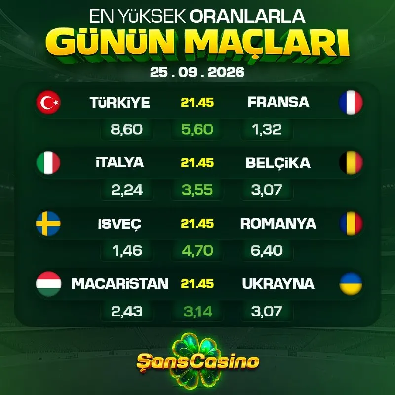GÜNÜN MAÇLARI ŞANS'TA! 📆 🇹🇷 Türkiye - Fransa 🇫🇷 🇮🇹 İtalya - Belçika 🇧🇪 🇸🇪 İsveç - Romanya…