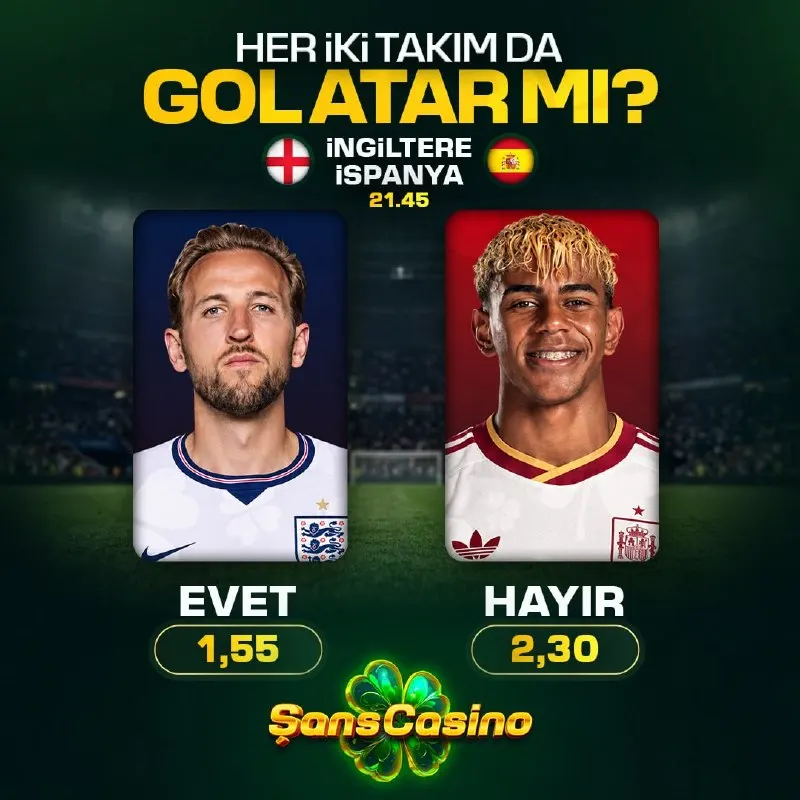 HER İKİ TAKIM DA GOL ATAR MI? ✅ Evet - 1,55 ❌ Hayır - 2,30 Şans Casino ile oyuna heyecan…