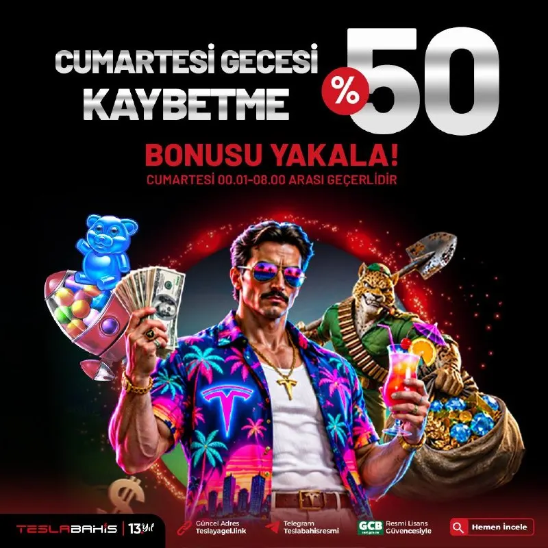 🌙🎉CUMARTESİ GECESİNE ÖZEL %50 KAYIP BONUSU! 🎉🌙 Hafta sonuna özel fırsat Teslabahis’te! 💎…