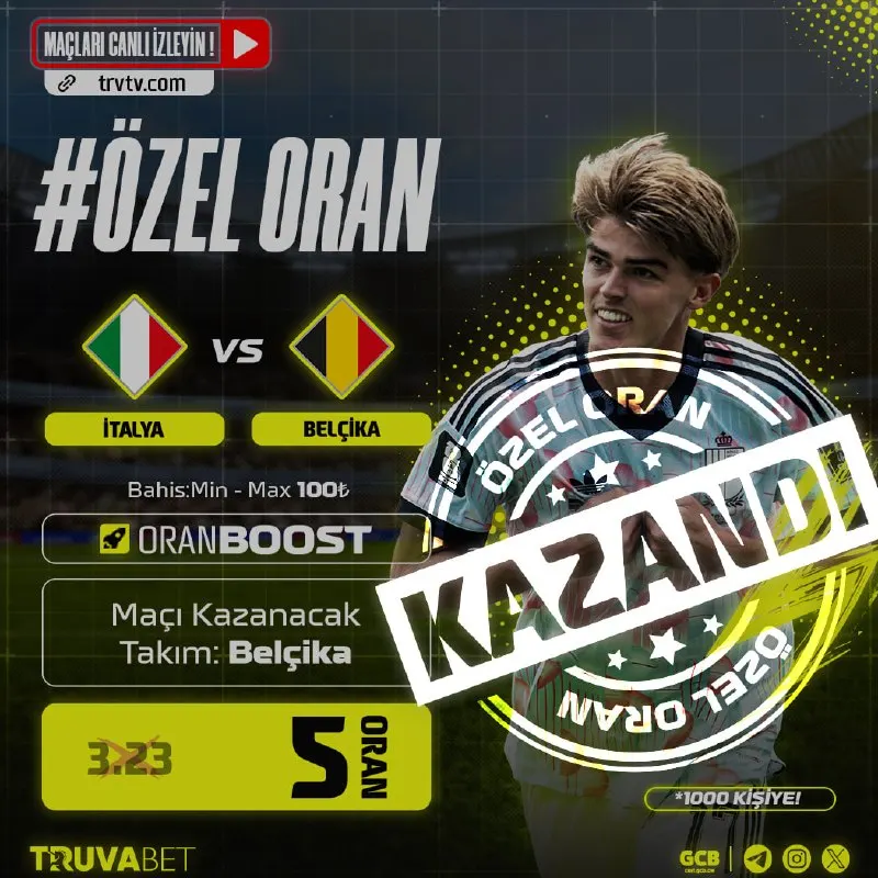 ⬆️ Kazandıran ORANBOOST! #Truva'da Günün Eşsiz Özel Oranı! ⚽️ İtalya vs Belçika 🏆Maçı…