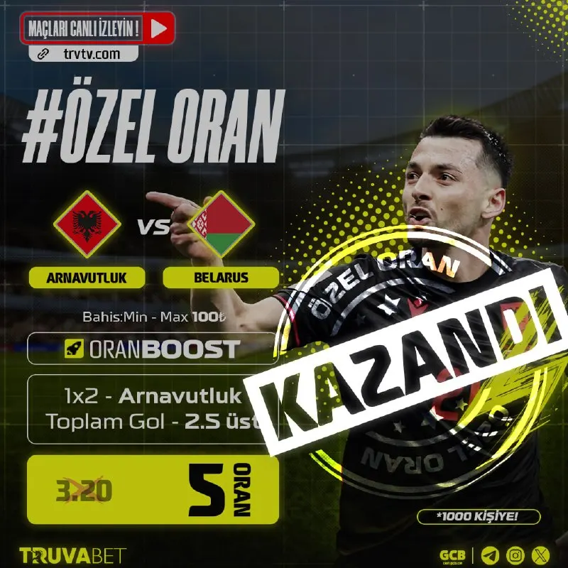 ⬆️ Kazandıran ORANBOOST! #Truva'da Günün Eşsiz Özel Oranı! ⚽️ Arnavutluk vs Belarus 🏆…