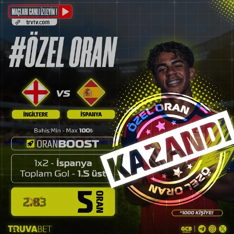 ⬆️ Kazandıran ORANBOOST! #Truva'da Günün Eşsiz Özel Oranı! ⚽️ İngiltere vs İspanya 🏆 Maçı…