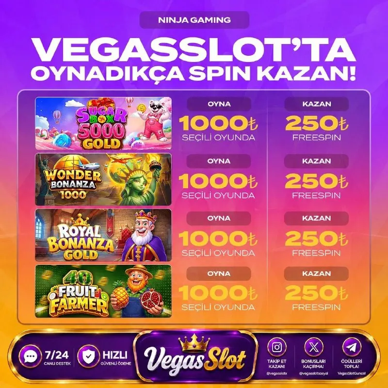 🎯VEGASSLOT GÖREVLERİ BAŞLADI OYNADIKÇA KAZAN 🎮 1000₺’lik bahis hacmine karşılık 250₺…