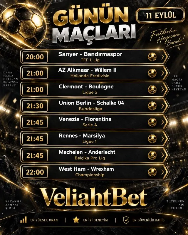 ⚽️ 11 Eylül | Günün Maçları 🔥 Futbol heyecanı bu akşam Avrupa ligleriyle devam ediyor! 💥…