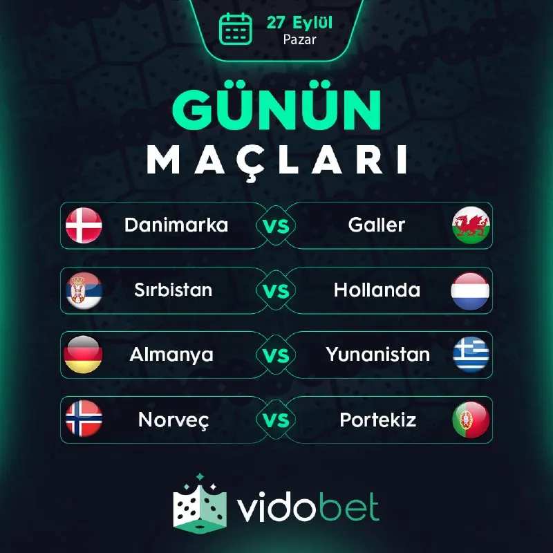 GÜNÜN MAÇLARI VIDOBET'TE! ⚽️ 🇩🇰 Danimarka - Galler 🏴 🇷🇸 Sırbistan - Hollanda 🇳🇱 🇩🇪…