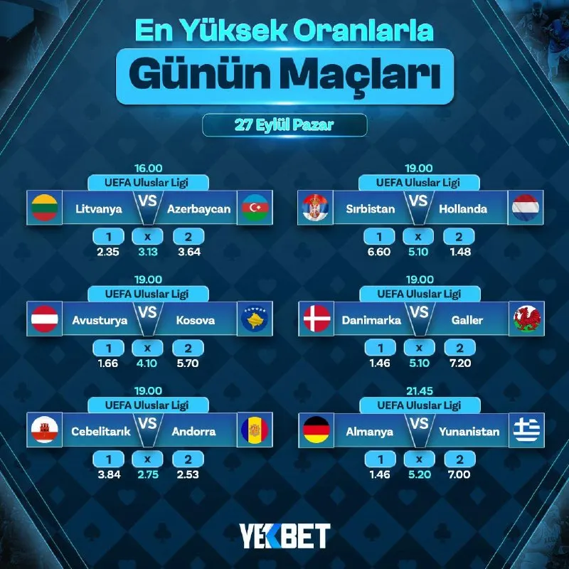 🚀 EN YÜKSEK ORANLARLA GÜNÜN MAÇLARI YEKBET'TE! 📆 27.09.2026 ➡️ 100 TL alt limitli havale…