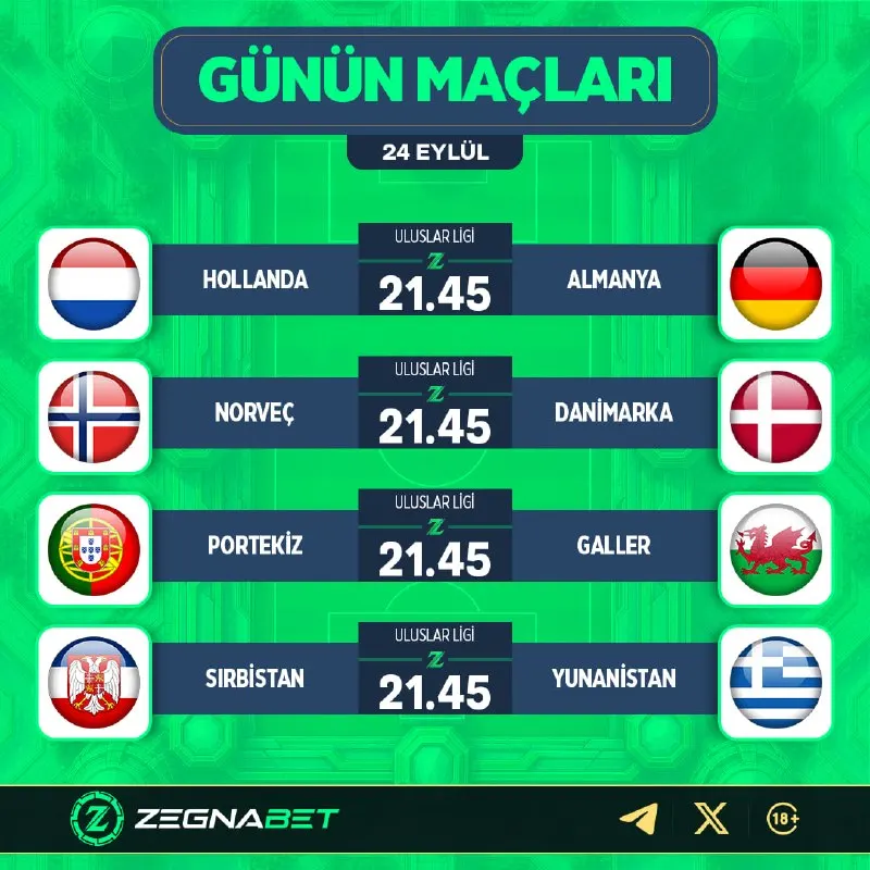 GÜNÜN MAÇLARI ZEGNA'DA! ⚽️ 🇳🇱 Hollanda - Almanya 🇩🇪 🇳🇴 Norveç - Danimarka 🇩🇰 🇵🇹 Portekiz…