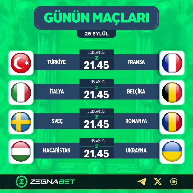 GÜNÜN MAÇLARI ZEGNA'DA! ⚽️ 🇹🇷 Türkiye - Fransa 🇫🇷 🇮🇹 italya - Belçika 🇧🇪 🇸🇪 İsveç…