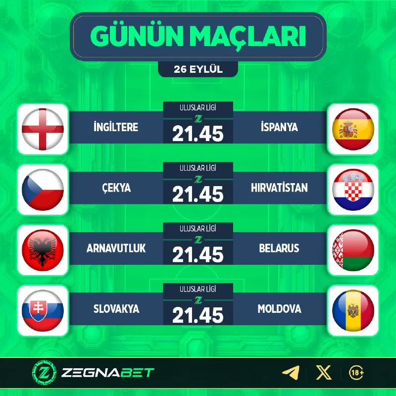 GÜNÜN MAÇLARI ZEGNA'DA! ⚽️ 🏴 İngiltere - İspanya 🇪🇸 🇨🇿 Çekya - Hırvatistan 🇭🇷 🇦🇱…