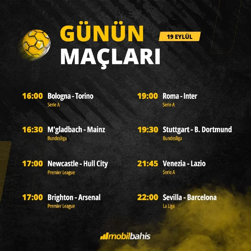 ⚽️ 19 Eylül’de Bologna Torino, Roma Inter ve Stuttgart Dortmund gibi dikkat çeken…