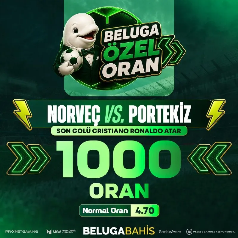 ⚡️Beluga Özel Oran ⚡️ ⚽️ Norveç ✅Portekiz 👉 Son Golü Cristiano Ronaldo atar. 💵…