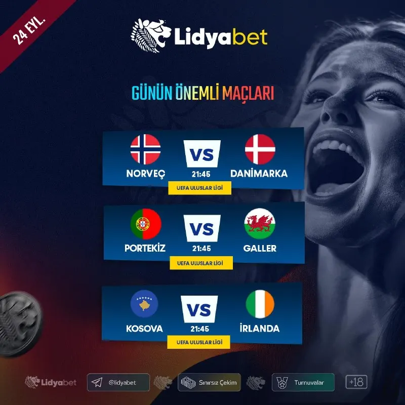 💰Bugünün Yüksek Oranlı Maçları LidyaBet’te! 🔥 ⚽️ Norveç 🆚 Danimarka ⚽️ ⚽️ Portekiz 🆚…