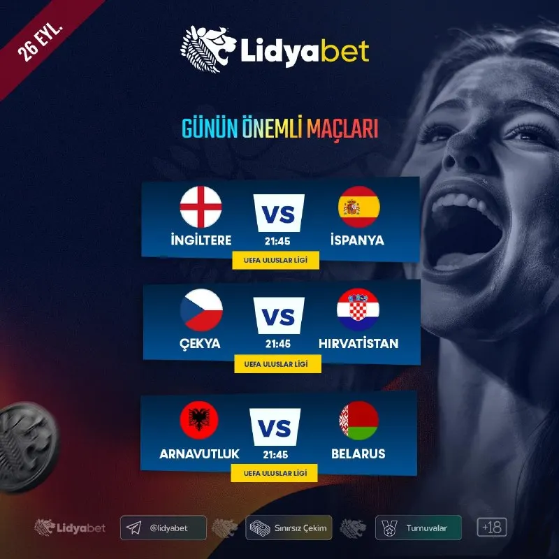💰Bugünün Yüksek Oranlı Maçları LidyaBet’te! 🔥 ⚽️ İngiltere 🆚 İspanya ⚽️ ⚽️ Çekya 🆚…