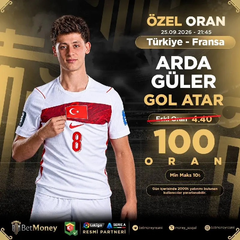 🔥 Günün Özel Oranlı Kuponu BetMoney’de! 🎯 ARDA GÜLER GOL ATAR 💥 Özel Oran: 100 📉 Eski…