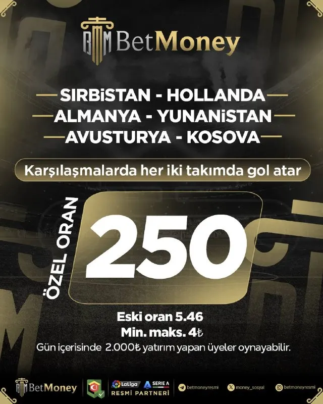 🔥 Günün Özel Oranlı Kuponu BetMoney’de! 🎯 HEPSİ KG 💥 Özel Oran: 250 📉 Eski Oran : 5.46 🌟…
