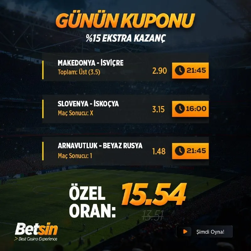 🏆 Günün Kuponu Betsin’de seni bekliyor! 🔥 Seçili maçlardan oluşan günün kuponuyla futbol…