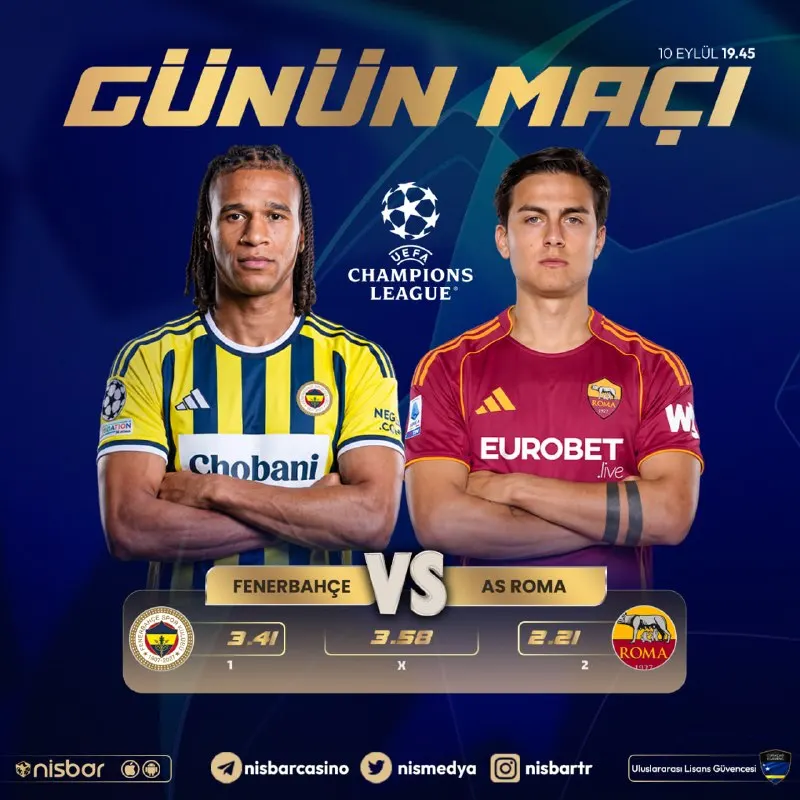 🔔 Günün En Çok Beklenen Maçı! 📅 Tarih: 19:45 ⚽️#Fenerbahçe 🆚 ⚽️#Roma 🎁GÜNLÜK 1000₺'YE…