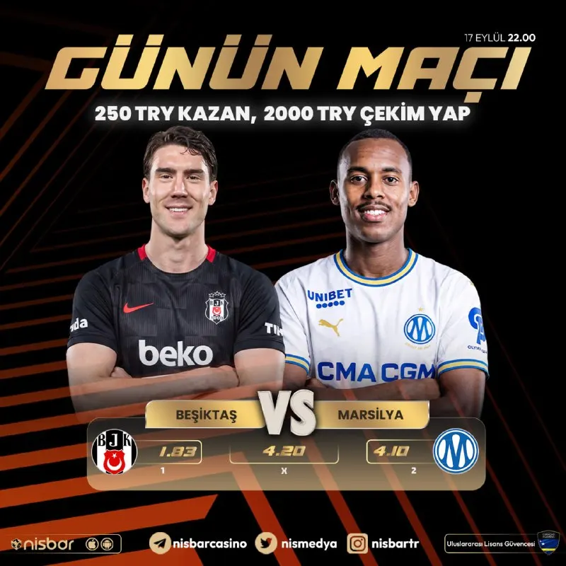 🔔 GÜNÜN MAÇINA ÖZEL FREEBET ETKİNLİĞİ! ⚽️#Beşiktaş 🆚 ⚽️#Marsilya ⚡️ Maçın skorunu tahmin…