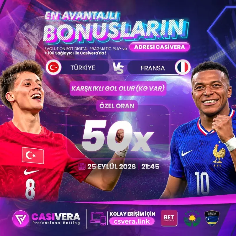 🏆 ULUSLAR LİGİ TÜRKİYE-FRANSA KARŞILAŞMASINA 50x ÖZEL ORAN CASİVERA'DA ! 💰 Bahis Miktarı…