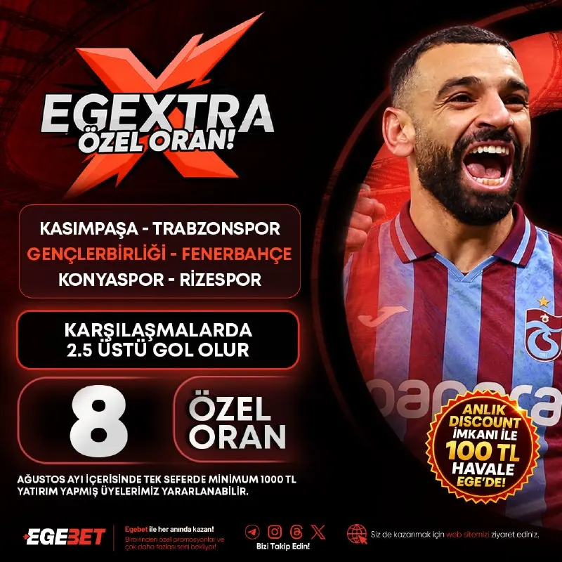 🔥 EGEXTRA ORAN! 🔥 💸 Maks Bahis: 200 TL ℹ️ Ağustos ayı içerisinde tek seferde minimum…